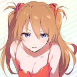  blue_eyes breasts brown_hair camisole cleavage closed_mouth expressionless hair_between_eyes hair_ornament highres long_hair looking_up morikura_en neon_genesis_evangelion shikinami_asuka_langley simple_background small_breasts solo souryuu_asuka_langley two_side_up upper_body 
