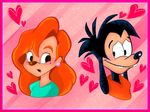  &lt;3 2017 4:3 anthro black_hair black_nose blush canine digital_media_(artwork) disney dog duo ear_piercing goof_troop hair headshot_portrait mammal max_goof open_mouth orange_hair piercing pink_background pink_border portrait roxanne_(goof_troop) shiawase_usagi simple_background smile surprise 