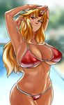  armpits arms_up bikini blonde_hair breasts bunsuirei commentary cowboy_shot dark_skin hips horn hoshiguma_yuugi large_breasts long_hair looking_at_viewer navel photo-referenced pointy_ears red_bikini red_eyes skindentation solo swimsuit tan touhou 