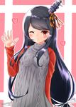  absurdres alternate_costume aran_sweater black_hair blush fusou_(kantai_collection) hair_ornament hair_ribbon heart highres kantai_collection long_hair low-tied_long_hair momiji_(103) one_eye_closed red_eyes ribbon smile solo sweater twitter_username waving 