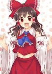  :d ascot bangs bare_shoulders blush bow brown_hair commentary detached_sleeves hair_bow hair_tubes hakurei_reimu happy highres large_bow long_hair looking_at_viewer midriff monrooru open_mouth red_eyes skirt skirt_set smile solo touhou vest wavy_hair 