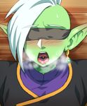  1boy blindfolded blush dragon_ball dragon_ball_super dragonball_z gokuu_black green_skin invitation open_mouth saliva silver_hair solo_focus sweat tongue tongue_out 