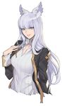  animal_ears blue_eyes breasts collared_shirt granblue_fantasy jacket korwa long_hair looking_at_viewer medium_breasts oda_non open_clothes open_jacket parted_lips shirt silver_hair simple_background smile solo upper_body white_background white_shirt 