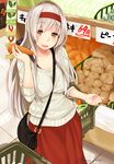  :d alternate_costume bag bangs between_breasts breasts brown_eyes carrot cowboy_shot eyebrows_visible_through_hair from_above grey_hair groceries headband kantai_collection long_hair looking_at_viewer market narushima_kanna open_mouth potato red_skirt shopping shopping_basket short_sleeves shoukaku_(kantai_collection) shoulder_bag skirt smile solo strap_cleavage sweater twitter_username white_hair white_sweater yellow_eyes 