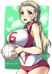  :d bare_shoulders blonde_hair blush body_blush breast_rest breasts buruma carried_breast_rest collared_shirt cowboy_shot forehead girls_und_panzer green_background green_eyes hair_pulled_back hairband heavy_breathing large_breasts long_hair looking_at_viewer open_mouth ponytail sasaki_akebi shinshin shirt sleeveless sleeveless_shirt smile solo sportswear sweat teeth tight twitter_username volleyball volleyball_uniform 