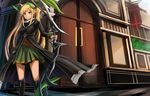  bangs black_footwear blonde_hair boots bow_(weapon) closed_mouth commentary_request day eruthika eyebrows_visible_through_hair green_eyes green_skirt highres holding holding_bow_(weapon) holding_weapon knee_boots legs_apart long_hair long_sleeves looking_at_viewer one_side_up outdoors pointy_ears sennen_sensou_aigis sidelocks skirt smile solo spica_(sennen_sensou_aigis) standing thighs weapon 