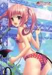  :d absurdres ass bikini blush breasts brown_eyes copyright_name cowboy_shot day demon_tail fang hair_ornament highres holding holding_microphone leaning_forward lens_flare long_hair looking_at_viewer looking_back microphone microphone_stand nana_asta_deviluke official_art open_mouth outdoors pink_hair polka_dot polka_dot_bikini red_bikini sideboob small_breasts smile solo standing swimsuit tail to_love-ru twintails yabuki_kentarou 