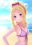  absurdres bare_shoulders beach bikini blonde_hair blush bow breasts cleavage cloud day drill_hair drill_locks eromanga_sensei hair_bow highres long_hair looking_to_the_side navel ocean outdoors ponytail red_eyes shadow sky small_breasts smile solo striped striped_bikini striped_bikini_top swimsuit taka-chan upper_body yamada_elf 