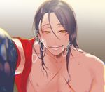  against_fourth_wall black_hair blood blood_on_face gradient gradient_background grey_background hair_down hannyag heavy_breathing injury jirou_tachi long_hair male_focus nipples pectorals pov scar signature simple_background smile solo sweat touken_ranbu upper_body yellow_eyes 