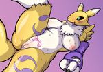  2017 3_fingers anthro areola black_sclera breasts clothing digimon drooling female fur gloves gradient_background green_eyes kori-nio lying markings neck_tuft nipples nude on_back open_mouth pussy renamon saliva simple_background solo spread_legs spreading sweat tongue tongue_out tuft white_fur yellow_fur yin_yang 