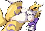  2017 3_fingers anthro areola black_sclera breasts clothing digimon drooling female fur gloves gradient_background green_eyes kori-nio lying markings neck_tuft nipples nude on_back open_mouth pussy renamon saliva simple_background solo spread_legs spreading sweat tongue tongue_out tuft white_fur yellow_fur yin_yang 