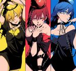  ;p arms_up bare_shoulders black_dress black_shirt blonde_hair blue_background blue_eyes blue_hair bound bound_wrists breasts bright_pupils chain collar collarbone column_lineup crescent dress earrings facial_mark fingernails hair_between_eyes hand_on_own_face hands_above_head heart hecatia_lapislazuli highres jewelry lipstick looking_at_viewer makeup medium_breasts medium_hair multicolored multicolored_background multiple_girls multiple_persona nail_polish object_on_head off-shoulder_shirt off_shoulder one_eye_closed paint_stains red_background red_eyes red_hair red_nails shirt shirt_pull simple_background smile splatter_print star t-shirt tongue tongue_out touhou uu_uu_zan white_pupils wristband yellow_background yellow_eyes yellow_nails 