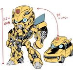  autobot bumblebee car commentary_request directional_arrow glowing glowing_eyes ground_vehicle insignia kamizono_(spookyhouse) machine machinery mecha motor_vehicle no_humans robot simple_background solo transformers translation_request white_background 