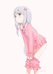  1girl beige_background blue_eyes blush bow breasts closed_mouth eromanga_sensei expressionless hair_bow izumi_sagiri kokudou_juunigou lace_trim leaning_forward long_hair long_sleeves pajamas pajamas_pull panties pants_pull pink_panties sidelocks silver_hair simple_background small_breasts solo underwear 