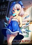  arm_behind_back bare_arms bloomers blue_bow blue_dress blue_eyes blue_hair bow cable cirno commentary_request dress eating eyebrows_visible_through_hair food hair_bow highres holding ice ice_wings looking_at_viewer polka_dot popsicle poster_(object) pyonsuke_(pyon2_mfg) short_hair solo standing touhou underwear wings 
