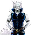  2016 abs anthro black_nose blue_eyes canine claws clothed clothing fur grey_fur hair long_hair looking_at_viewer male mammal muscular pretty_cure sellon smile smile_pretty_cure solo white_hair wolf wolfrun 
