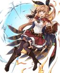  bangs black_bow black_gloves black_legwear blonde_hair book boots bow capelet clarisse_(granblue_fantasy) commentary_request eruthika full_body gloves granblue_fantasy green_eyes hair_bow hand_up high_heel_boots high_heels highres holding holding_book knee_boots knees_together_feet_apart long_hair looking_at_viewer open_book open_mouth red_skirt ribbed_sweater sidelocks skirt sleeveless smile solo sweater test_tube thighhighs transparent_background 