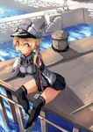  bismarck_(kantai_collection) black_legwear blonde_hair blue_eyes breasts dock food fu-ta gloves hand_rest hat kantai_collection long_hair looking_at_viewer medium_breasts military military_hat military_uniform multiple_girls popsicle prinz_eugen_(kantai_collection) sitting skirt solo_focus thighhighs uniform white_gloves 