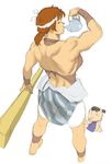  1boy 1girl age_difference anklet ass baby back biceps bracer breasts brown_hair club drinking eyes_closed from_behind leotard muscle muscular_female nappii_(nappy_happy) nappy_happy original ponytail shorts simple_background sketch skirt sweat teapot weapon white_background 