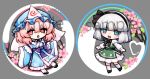  2girls black_bow black_bowtie black_hairband blue_eyes blue_hat blue_kimono bow bowtie cherry_blossoms collared_shirt commentary_request flower frilled_kimono frilled_skirt frills full_body green_skirt green_vest grey_hair hairband hat hitodama hitodama_print japanese_clothes kimono konpaku_youmu konpaku_youmu_(ghost) looking_at_viewer medium_hair mob_cap multiple_girls natucurage open_mouth pink_eyes pink_flower pink_hair print_skirt print_vest purple_bow saigyouji_yuyuko sample_watermark shirt skirt skirt_set sleeve_garter smile touhou triangular_headpiece vest watermark white_shirt 