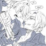  2boys anger_vein claws commentary_request dante_(devil_may_cry) devil_may_cry_(series) devil_may_cry_4 fingerless_gloves furrowed_brow gloves greyscale grin gun hair_between_eyes handgun hiryuu_(kugelcruor) holding holding_gun holding_weapon korean_commentary male_focus monochrome multiple_boys nero_(devil_may_cry) open_mouth parted_bangs popped_collar short_hair smile spoken_anger_vein teeth uncle_and_nephew upper_body weapon white_background white_hair 