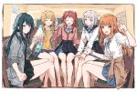  5girls :d :o ^_^ black_skirt blonde_hair blue_ribbon blue_skirt border braid brown_cardigan brown_hair cardigan cardigan_around_waist chair classroom claw_pose clenched_hand closed_eyes closed_mouth clothes_around_waist coat collared_shirt commentary_request feet_out_of_frame fujita_kotone gakuen_idolmaster grabbing_another's_hand green_eyes green_hair grey_coat grey_hair gyaru half-heart_hands half_up_braid hanami_saki hand_on_another's_shoulder hands_on_lap hatsuboshi_gakuen_school_uniform highres holding_another's_arm hood hooded_jacket idolmaster indoors jacket katsuragi_lilja kogal light_frown looking_at_viewer low_twin_braids miniskirt multiple_girls neck_ribbon on_chair open_clothes open_coat open_jacket orange_hair pleated_skirt purple_scrunchie purple_skirt ribbon school_uniform scrunchie shirt shiun_sumika short_hair single_claw_pose sitting skirt smile straight_hair tsukimura_temari twin_braids two_side_up v-shaped_eyebrows white_border white_jacket white_shirt wrist_scrunchie yellow_eyes yukitake_(bullfalk) 