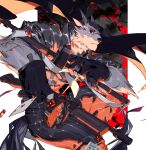  1boy ace_(playing_card) ace_of_spades animal_ears bara black_gloves black_pants black_sclera black_suit cape card colored_sclera furry furry_male gloves gun highres holding holding_gun holding_weapon looking_at_viewer male_focus multiple_scars muscular muscular_male original pants pectorals pinstripe_pattern playing_card red_eyes rifle scar scar_on_face short_hair solo spade_(shape) striped_clothes striped_pants suit tail weapon wincalblanke wolf_boy wolf_ears wolf_tail 