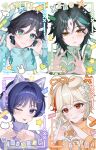  4boys animal_ear_headphones animal_ears aqua_eyes aqua_hair aqua_jacket black_hair blush braid cat_ear_headphones cat_ears character_name closed_mouth dog_ears fake_animal_ears genshin_impact gradient_hair green_jacket hair_ornament hamo_(miyo_rmo2) hat headphones headphones_around_neck heart heart_hands heart_hands_failure highres jacket kaedehara_kazuha long_sleeves male_focus multicolored_hair multiple_boys one_eye_closed orange_jacket purple_eyes purple_hair purple_jacket red_eyes red_hair scaramouche_(genshin_impact) smile streaked_hair thumbs_down tongue tongue_out track_jacket twin_braids venti_(genshin_impact) wanderer_(genshin_impact) white_hair white_hat xiao_(genshin_impact) yellow_eyes 