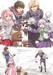  2boys 2girls absurdres black_gloves black_hair black_jacket black_pants blonde_hair blue_eyes blue_jacket bow commentary_request dress earmuffs eiyuu_densetsu gloves grey_hair heterochromia highres jacket kai_no_kiseki kuro_no_kiseki_(series) lapis_rosenberg multiple_boys multiple_girls nadia_rayne pants pink_dress pink_hair plaid_clothes plaid_scarf polly_(cott) purple_dress red_eyes red_skirt rufus_albarea scarf scarf_bow skirt snowball snowball_fight stuffed_animal stuffed_toy sunglasses swin_abel teddy_bear thighhighs twintails white_gloves white_thighhighs yellow_eyes 
