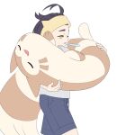  1boy absurdres ahoge black_hair blue_shorts commentary cowboy_shot furret headband highres hoishere7 holding holding_pokemon kieran_(pokemon) looking_ahead male_focus pokemon pokemon_(creature) pokemon_sv shorts simple_background sleepy toothbrush toothbrush_in_mouth white_background yellow_eyes yellow_headband 