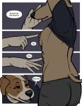 anthro beagle black_clothing black_shirt black_t-shirt black_topwear border breasts brown_body brown_fur canid canine canis caressing_face clothing comic domestic_dog dominant dominant_female duo english_text female female/female fur hi_res hunting_dog jo_(oystr) lily_(oystr) mammal multicolored_body multicolored_fur orange_eyes oystr raised_arms scent_hound shirt shirt_pulled_up sighthound simple_background small_breasts speech_bubble t-shirt text topwear two_tone_body two_tone_fur white_body white_border white_fur