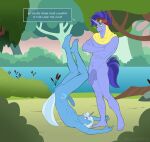 anthro balls blue_body blue_hair blue_tail blush crossgender duo equid equine eyewear feet friendship_is_magic ftm_crossgender genitals goggles grass hair hasbro hi_res hoo'far_(mlp) horn lake male mammal mostly_nude motion_lines my_little_pony mythological_creature mythological_equine mythology nude penis plant saddle_arabian_(mlp) scarf shallowwin tail tree trixie_(mlp) unicorn