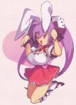  1girl animal_ears breasts detached_sleeves di_gi_charat dice_hair_ornament dress full_body hair_ornament hands_up heart_ornament highres inkerton-kun kneehighs large_breasts long_hair open_mouth puffy_short_sleeves puffy_sleeves purple_hair rabbit_ears rabbit_pose red_eyes red_skirt ribbon short_dress short_sleeves skirt socks solo twintails usada_hikaru white_socks wrist_ribbon 