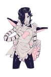  1boy android apron apron_hold back_bow bow commentary_request cropped_legs crossdressing crossdressing_(mtf) curtained_hair eyeshadow fewer_digits flipped_hair frilled_apron frills gloves hair_over_one_eye hatching_(texture) heart looking_at_viewer makeup male_focus mechanical_arms mettaton mettaton_ex no_pupils one_eye_covered partially_colored short_hair sigumado66 simple_background solo standing straight-on undertale utdr_(toby_fox) white_background 