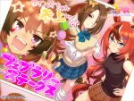  3girls air_groove_(umamusume) animal_ears black_shirt blue_bow blue_bowtie blue_eyes blush bow bowtie breasts brown_hair brown_skirt bubble_gum_fellow_(umamusume) carrot_hair_ornament closed_mouth collared_shirt commentary_request crossed_arms cygames ear_bow ear_chain food-themed_hair_ornament hair_between_eyes hair_ornament hairclip hands_on_own_hips horse_ears horse_girl horse_tail jewelry large_breasts linked_piercing long_hair looking_at_viewer loose_socks medium_breasts multicolored_hair multiple_girls necklace official_alternate_costume official_art open_mouth photo_(object) piercing pleated_skirt purple_eyes ribbed_socks school_uniform second-party_source sharp_teeth shinko_windy_(umamusume) shirt short_hair skirt sleeveless sleeveless_shirt smile socks star_(symbol) sweater_vest tail teeth umamusume white_hair white_shirt yellow_bow yellow_sweater_vest 