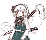  1girl black_bow black_bowtie black_hairband bow bowtie collared_shirt frilled_shirt_collar frills green_skirt green_vest grey_hair hairband hitodama hitodama_print katana konpaku_youmu konpaku_youmu_(ghost) long_sleeves medium_hair natucurage red_eyes sheath sheathed shirt sketch skirt skirt_set solo sword sword_on_back touhou vest weapon weapon_on_back 