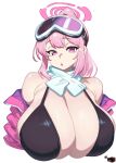  1girl absurdres bikini black_bra blue_archive bra breasts chestnut_mouth cleavage eimi_(blue_archive) eimi_(swimsuit)_(blue_archive) english_text goggles goggles_on_head halo highres huge_breasts jacket large_breasts looking_at_viewer medium_hair mewmaster93 official_alternate_costume open_mouth padded_jacket pink_eyes pink_halo pink_jacket scarf simple_background ski_goggles swimsuit underwear upper_body white_scarf 