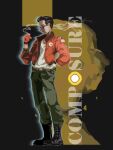 absurdres bomber_jacket boots commentary_request composure_(disco_elysium) disco_elysium facial_hair glasses gloves highres jacket kim_kitsuragi military_fatigues military_uniform mustache orange_gloves orange_jacket pixel_art shirt smoking white_shirt 