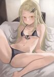  1girl absurdres artur_link bare_shoulders barefoot bikini black_bikini blonde_hair blush breasts closed_mouth colored_eyelashes dot_mouth dot_nose feet_out_of_frame forehead front-tie_top gakuen_idolmaster hair_ornament hairclip highres idolmaster indoors long_hair looking_at_viewer lying navel on_back orange_eyes parallel_hairclips shinosawa_hiro single_sidelock small_breasts solo spread_legs swept_bangs swimsuit thick_eyelashes thighs twitter_username wide_spread_legs 