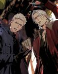  2025 2boys beard_stubble black_gloves black_shirt blue_eyes blue_jacket collared_shirt dante_(devil_may_cry) devil_may_cry_(series) devil_may_cry_5 facial_hair fingerless_gloves from_below gloves grey_hair highres jacket male_focus medium_hair multiple_boys nero_(devil_may_cry) open_mouth parted_bangs parted_lips red_jacket shirt short_hair stubble t4gamo uncle_and_nephew 