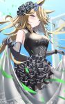  1girl absurdres animal_ears black_dress black_gloves blonde_hair blue_bow blue_eyes blush bow breasts closed_mouth commentary_request dress ear_bow elbow_gloves gloves gold_city_(umamusume) hair_ornament highres horse_ears horse_girl large_breasts long_hair looking_at_viewer skirt_hold sleeveless sleeveless_dress solo umamusume vami wedding_dress 