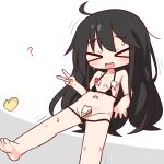  >_< 1girl ? ahoge barefoot bikini black_bikini black_hair blush breasts closed_eyes collarbone commentary_request cream_on_body facing_viewer food food_on_body foot_out_of_frame full_body hana_kazari hand_up highres long_hair micro_bikini navel open_mouth original sandwich simple_background small_breasts solo sweat swimsuit v wavy_mouth white_background 