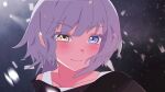  1girl bang_dream! bang_dream!_it's_mygo!!!!! black_shirt blue_eyes blush closed_mouth collarbone commentary confetti hashtag-only_commentary highres kaname_raana peke_(pekeiscat) portrait shirt short_hair solo untranslatable_commentary white_hair yellow_eyes 