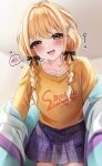  1girl aamesawaa blonde_hair blue_skirt blush braid collarbone commentary_request fang fujita_kotone gakuen_idolmaster heart highres idolmaster indoors jacket jacket_partially_removed long_hair looking_at_viewer multicolored_jacket plaid_clothes plaid_skirt shirt skin_fang skirt smile solo spoken_blush sweatdrop twin_braids yellow_eyes yellow_shirt 