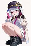  1girl ai-generated astral_party bare_legs bonnie_(astral_party) boots double_v gloves hat highres legs non-web_source pink_eyes pink_gloves short_hair solo v white_hair 