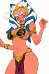  1girl ahsoka_tano ai-generated alien armlet blue_eyes blush bracelet breasts cleavage colored_skin gold_armlet gold_bracelet hatching_(texture) head_chain huttslayer_leia jewelry lapis_slopzuli linear_hatching looking_down medium_breasts metal_bikini orange_skin pelvic_curtain princess_leia star_wars star_wars:_the_clone_wars_(2008_tv_series) togruta white_background 