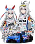  2girls animal_ears blue_hairband blue_shoes blush bodysuit car closed_mouth commentary_request ear_covers grey_hair hair_between_eyes hairband hands_on_own_hips highres honda honda_civic honda_civic_type_r horse_ears horse_girl horse_tail long_hair looking_at_viewer manziqr motor_vehicle multiple_girls oguri_cap_(umamusume) open_mouth race_vehicle racecar racing_suit shoes smile super_gt tail tamamo_cross_(umamusume) umamusume white_bodysuit 