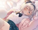  1girl animal_ear_fluff animal_ears black_bow black_bowtie black_hairband blue_eyes blush bow bowtie cardigan cat_day cat_ears collared_shirt commentary_request green_skirt grey_hair hairband highres hitodama kemonomimi_mode konpaku_youmu konpaku_youmu_(ghost) looking_at_viewer lying medium_hair on_back open_cardigan open_clothes open_mouth otowa_(otoha4634) pink_cardigan pleated_skirt shirt skirt solo thighhighs touhou white_shirt white_thighhighs 
