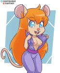 anthro areola blue_background blue_eyes buckteeth chip_'n_dale_rescue_rangers disney eyelashes female flashing flashing_breasts front_view gadget_hackwrench hair inner_ear_fluff long_hair looking_at_viewer mammal mouse murid murine nipples open_mouth orange_hair pink_areola pink_nipples pink_nose purple_jumpsuit rodent simple_background solo teeth thick_thighs tuft white_background wide_hips yahyah