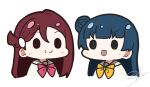  2girls :d absurdres blue_hair bow bowtie c: chibi chibi_only closed_mouth commentary hair_bun hair_ornament hairclip highres light_blush long_hair love_live! love_live!_sunshine!! multiple_girls oofushi_ao open_mouth red_bow red_bowtie red_hair sakurauchi_riko school_uniform signature simple_background single_side_bun smile solid_oval_eyes split_mouth tsushima_yoshiko uranohoshi_school_uniform v-shaped_eyebrows white_background winter_uniform yellow_bow yellow_bowtie 